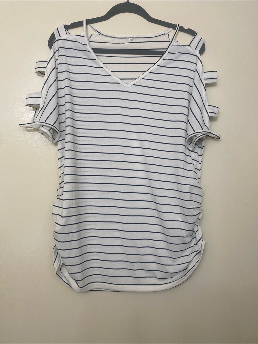 Striped White and Black Cold-Shoulder V-Neck Top - Picture 1 of 4